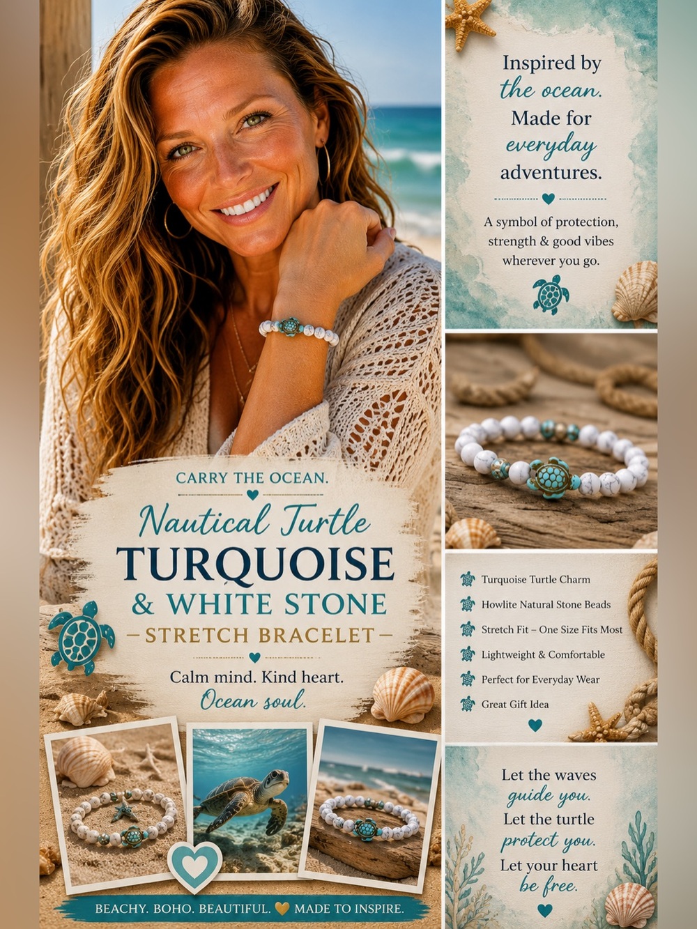 Nautical Turtle Turquoise and White Stone Stretch Bracelet